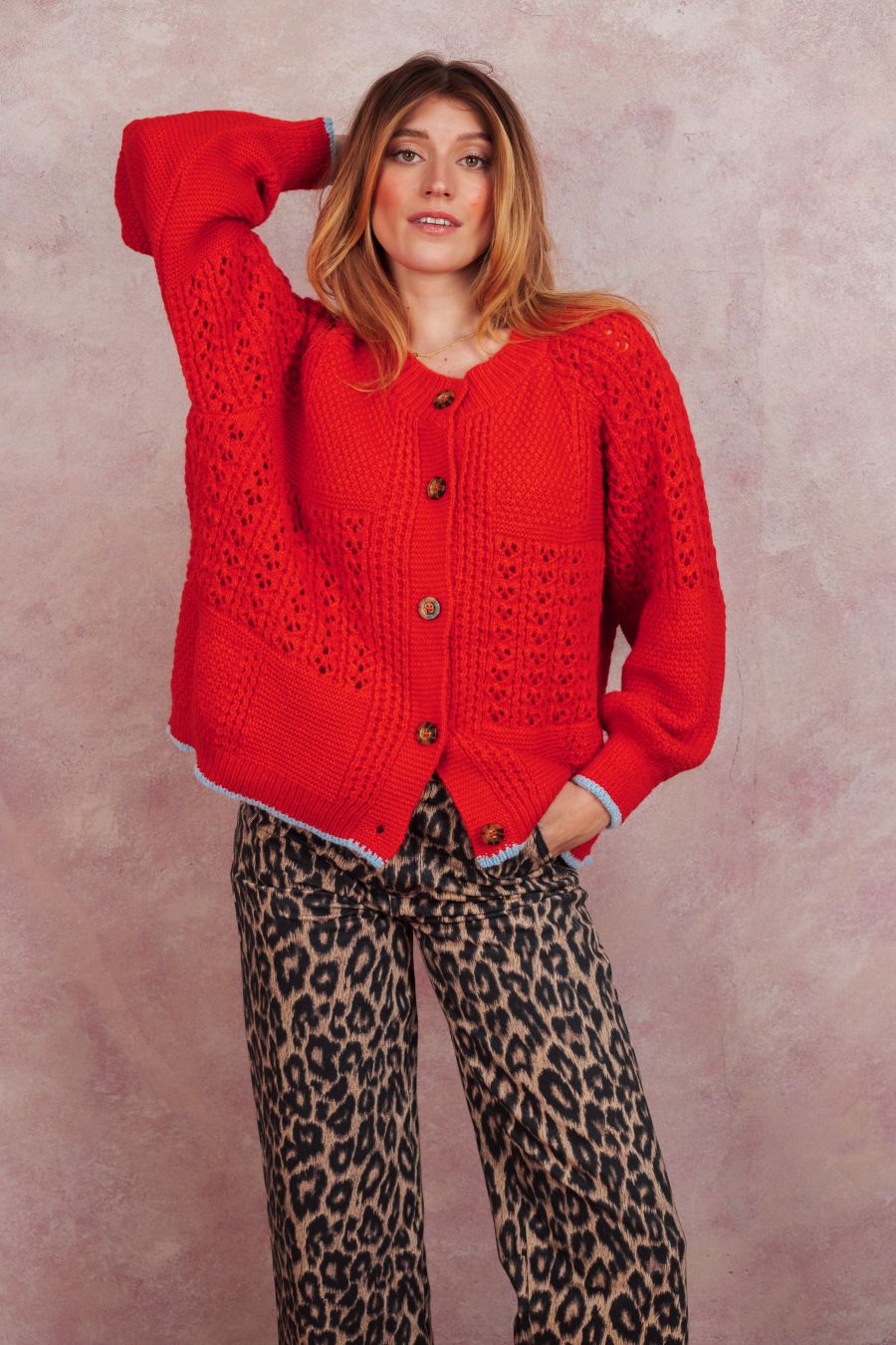 Brigit Pointelle Stitch Balloon Sleeve Cardigan - Orange