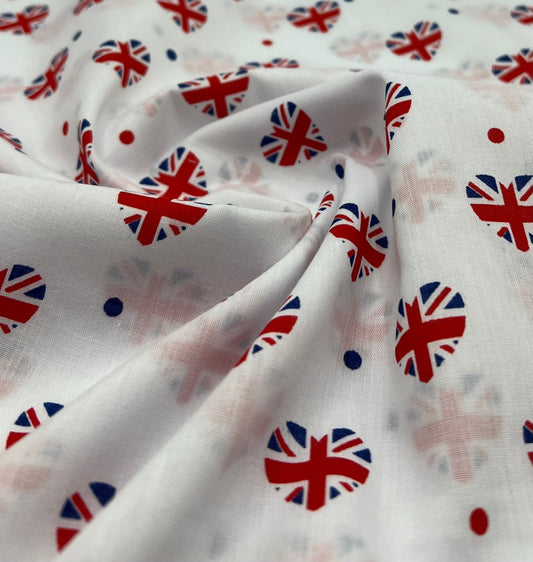 British Hearts Printed Polycotton 90 GSM 80/20 44 Inch Non Stretch