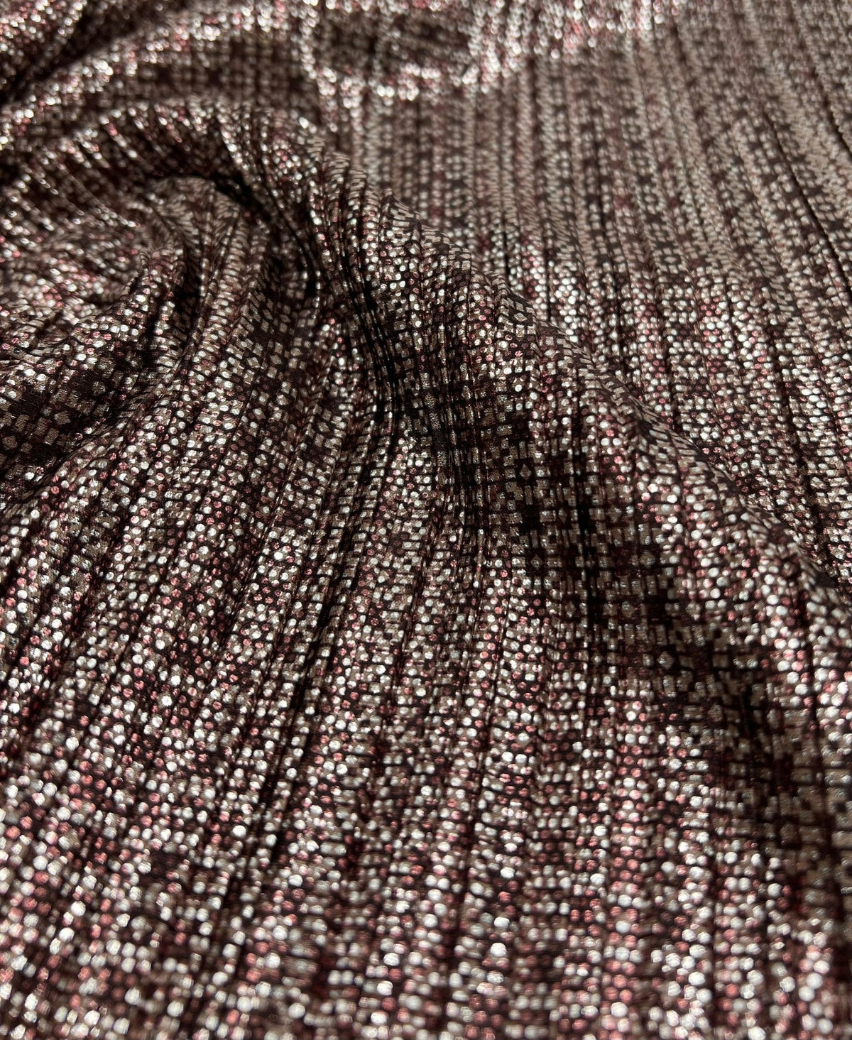 Bronze Silver Metallic Foil Shiny Plisse Pleated Stretch Fabric