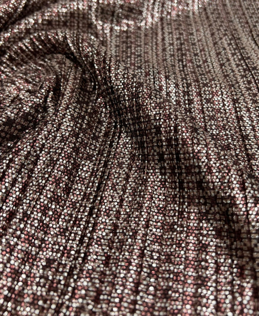 Bronze Silver Metallic Foil Shiny Plisse Pleated Stretch Fabric