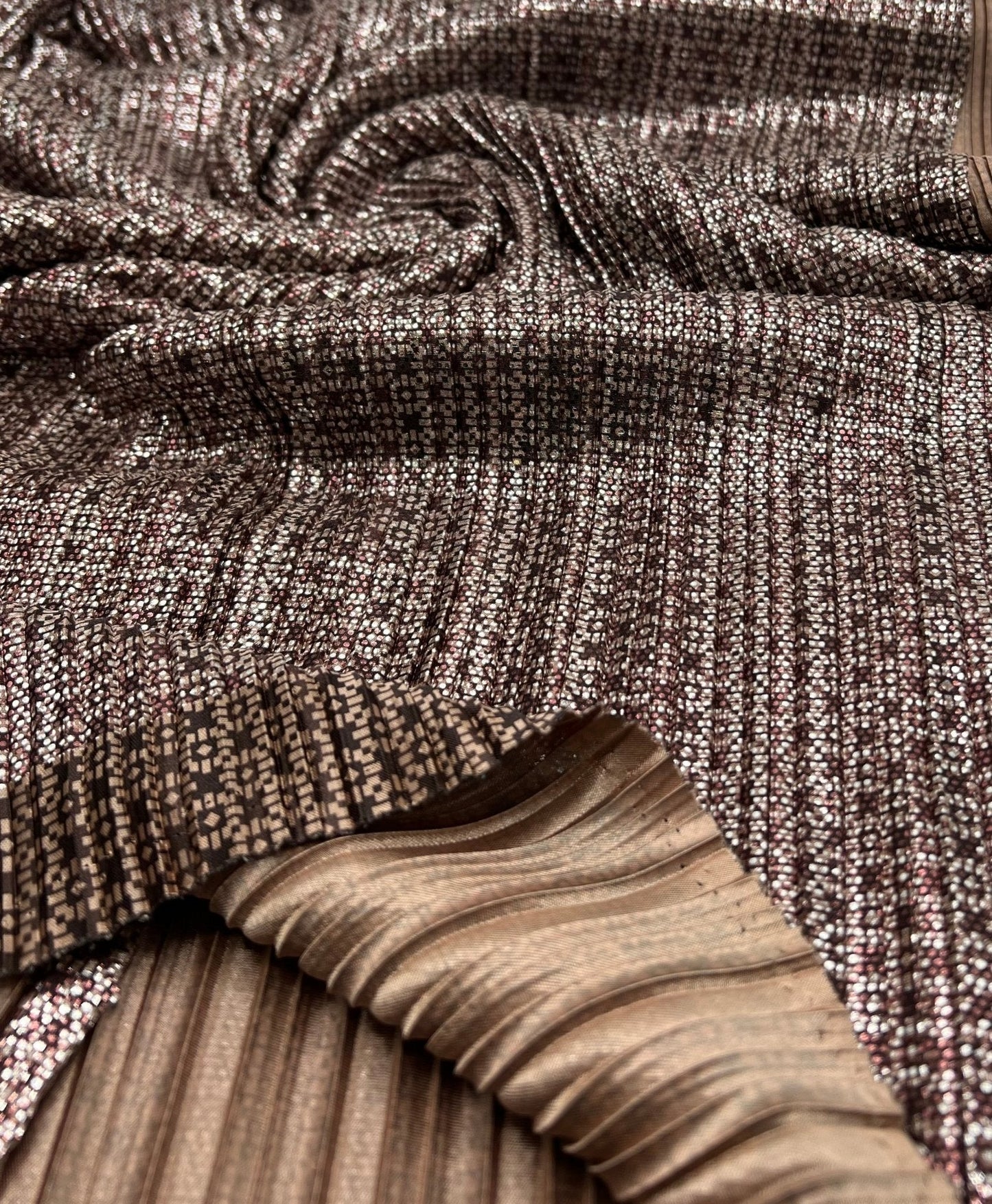 Bronze Silver Metallic Foil Shiny Plisse Pleated Stretch Fabric