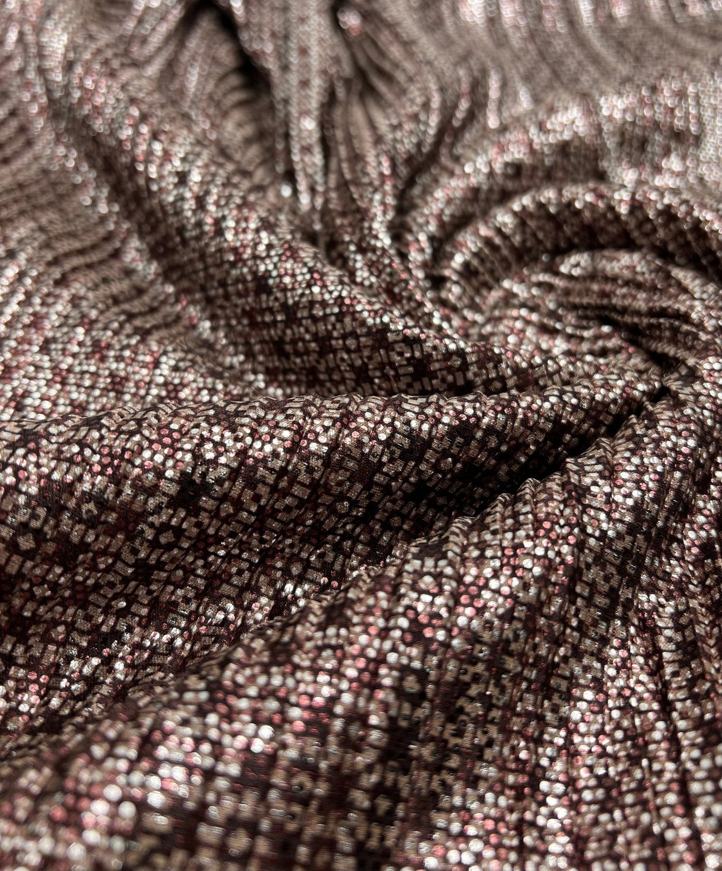 Bronze Silver Metallic Foil Shiny Plisse Pleated Stretch Fabric