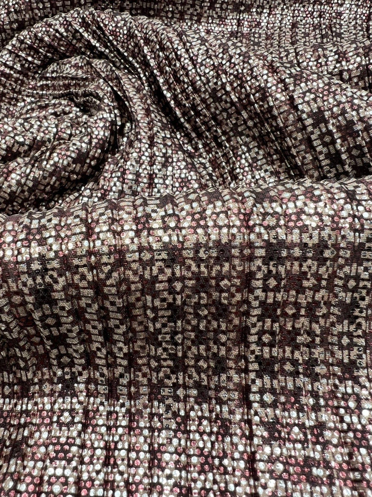Bronze Silver Metallic Foil Shiny Plisse Pleated Stretch Fabric