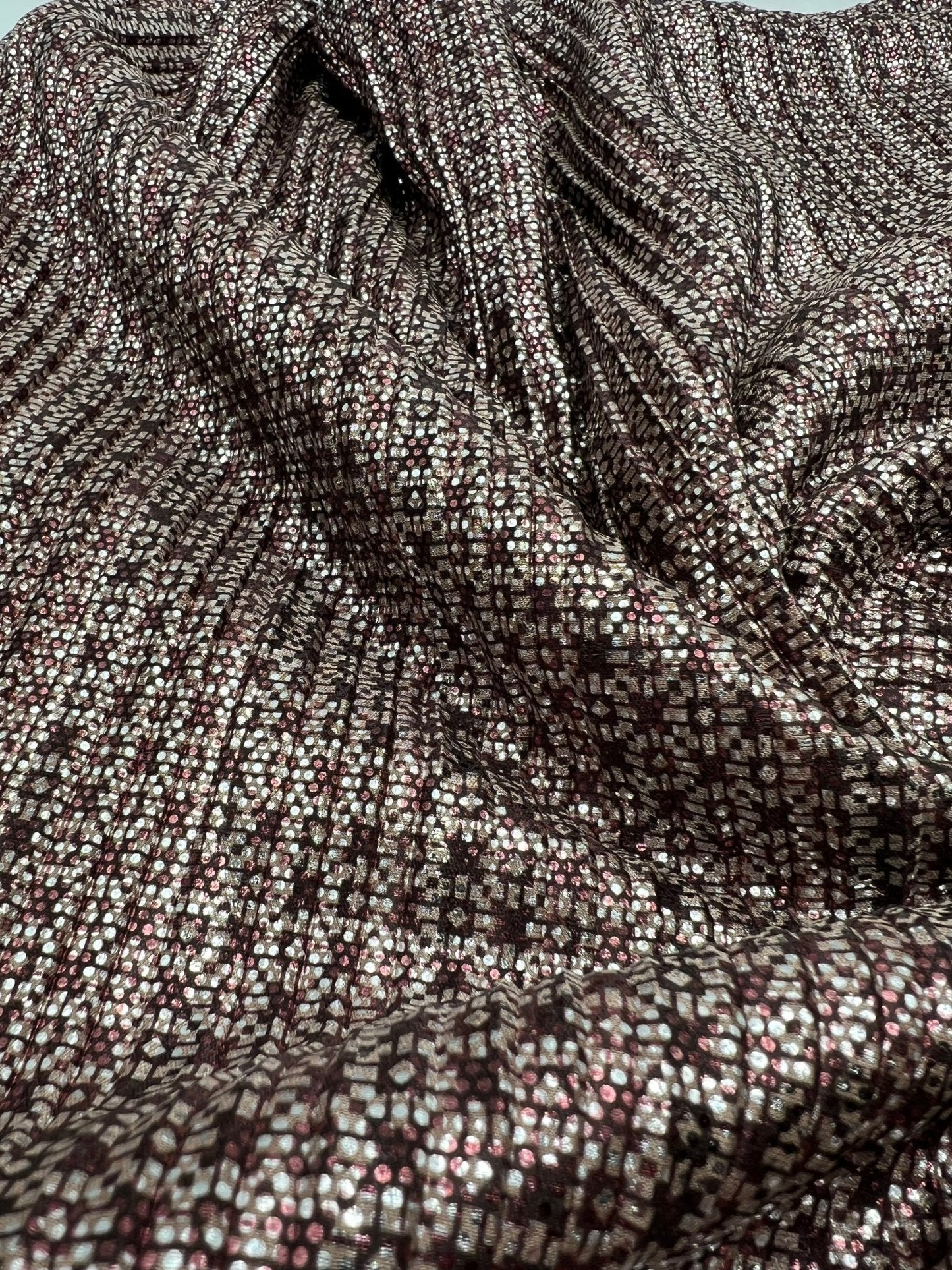 Bronze Silver Metallic Foil Shiny Plisse Pleated Stretch Fabric