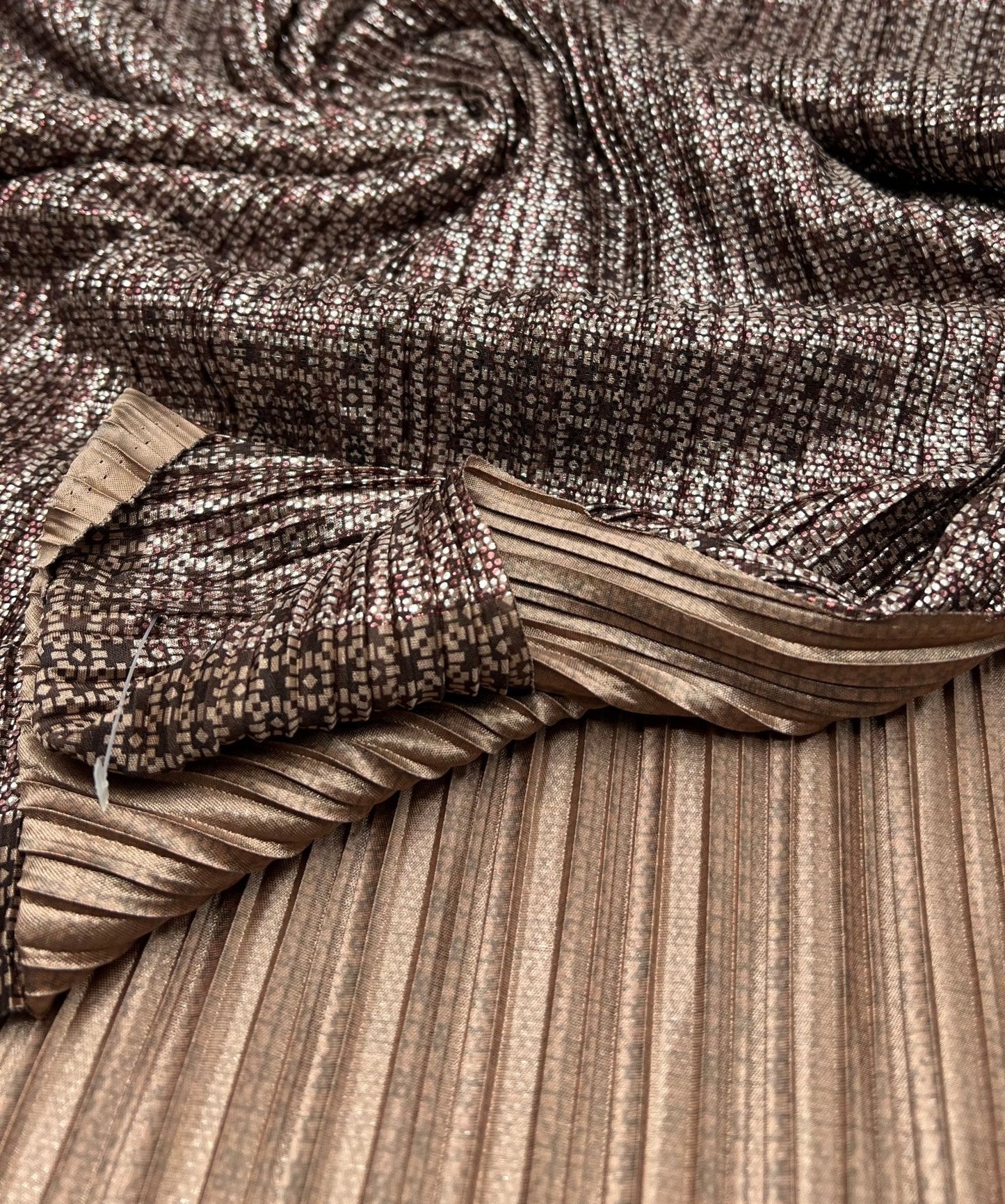 Bronze Silver Metallic Foil Shiny Plisse Pleated Stretch Fabric