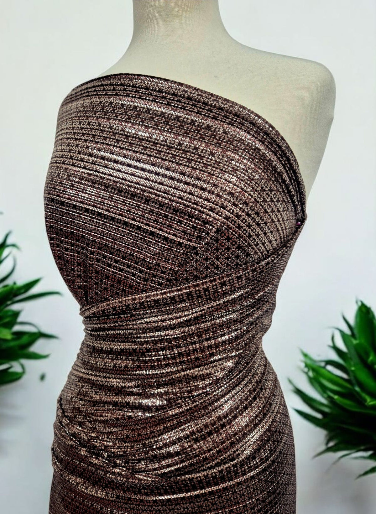 Bronze Silver Metallic Foil Shiny Plisse Pleated Stretch Fabric