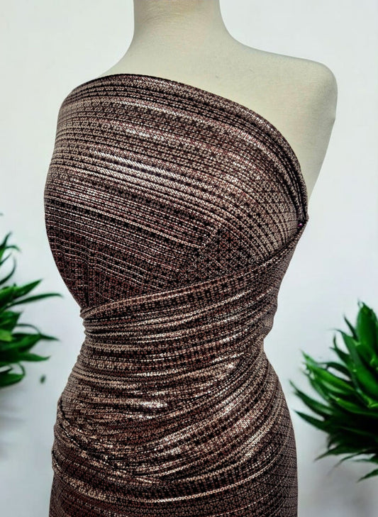 Bronze Silver Metallic Foil Shiny Plisse Pleated Stretch Fabric