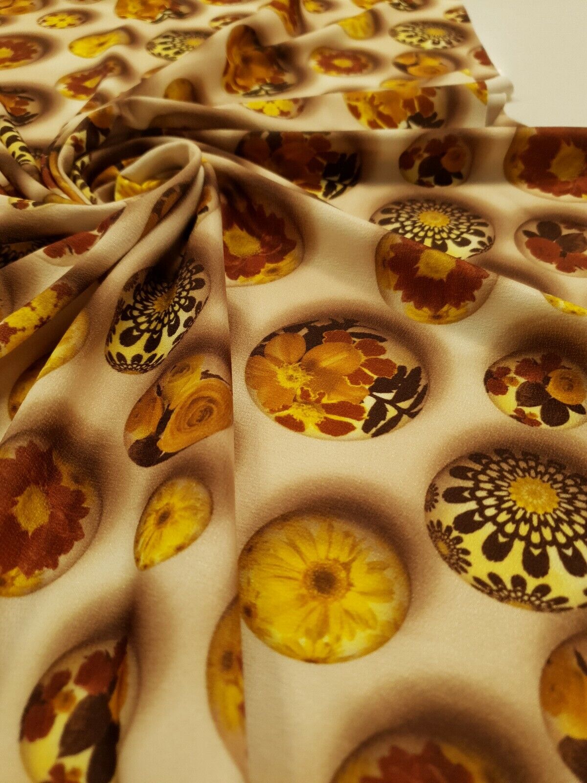Brown Flower Stones Print Lightweight Jersey Crepe Fabric 4 Way Stretch