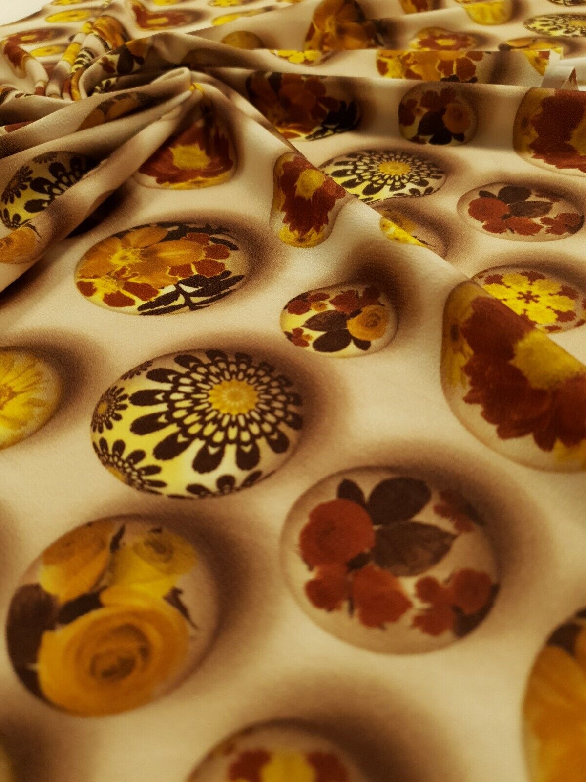 Brown Flower Stones Print Lightweight Jersey Crepe Fabric 4 Way Stretch