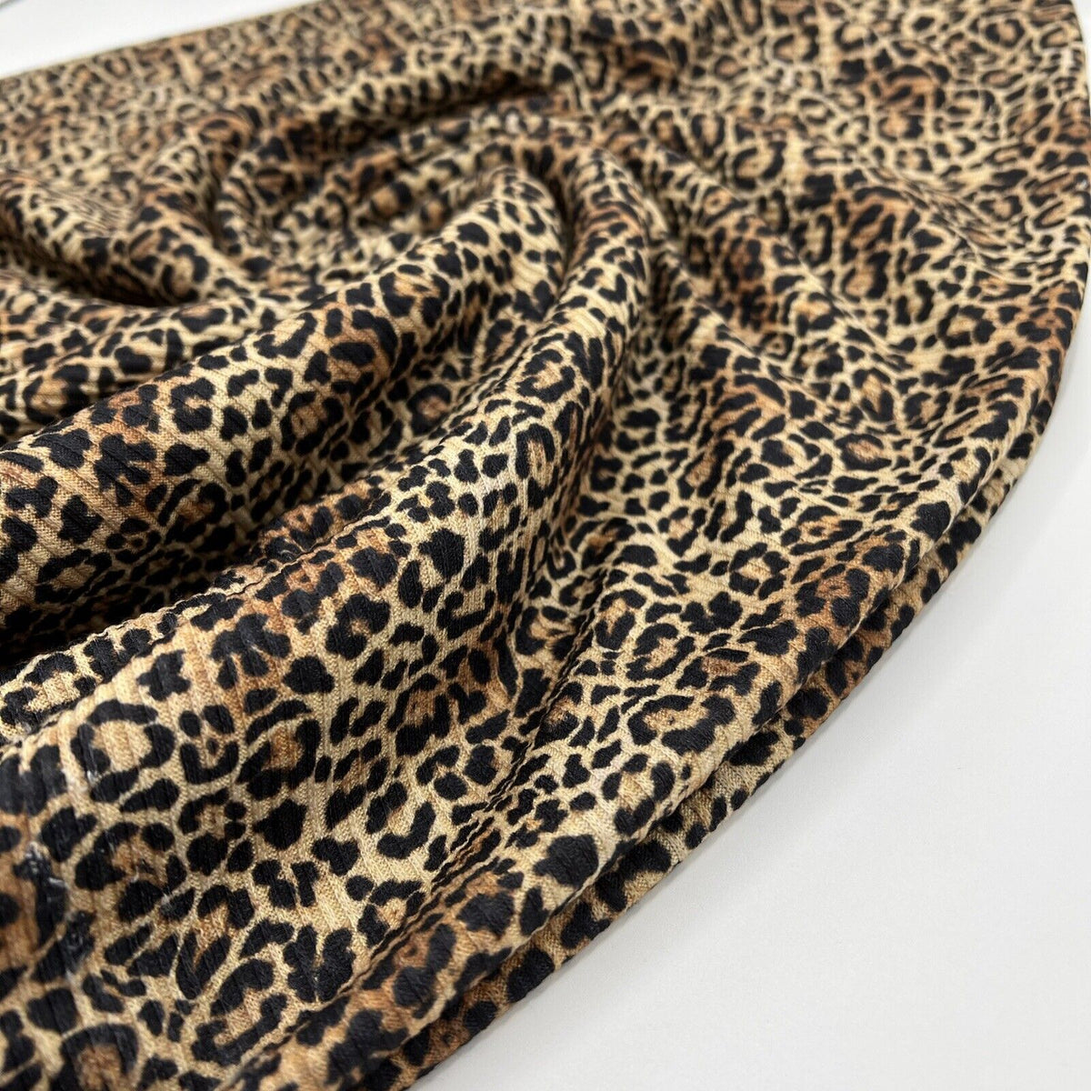 Brown Leopard Print 2X1 Fine Rib Stretch Fabric