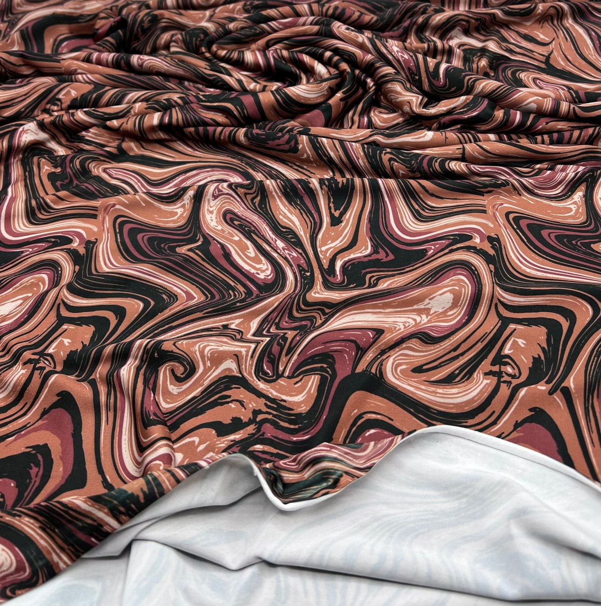 Brown Marble Effect Print Soft Touch 4 Way Stretch Fabric