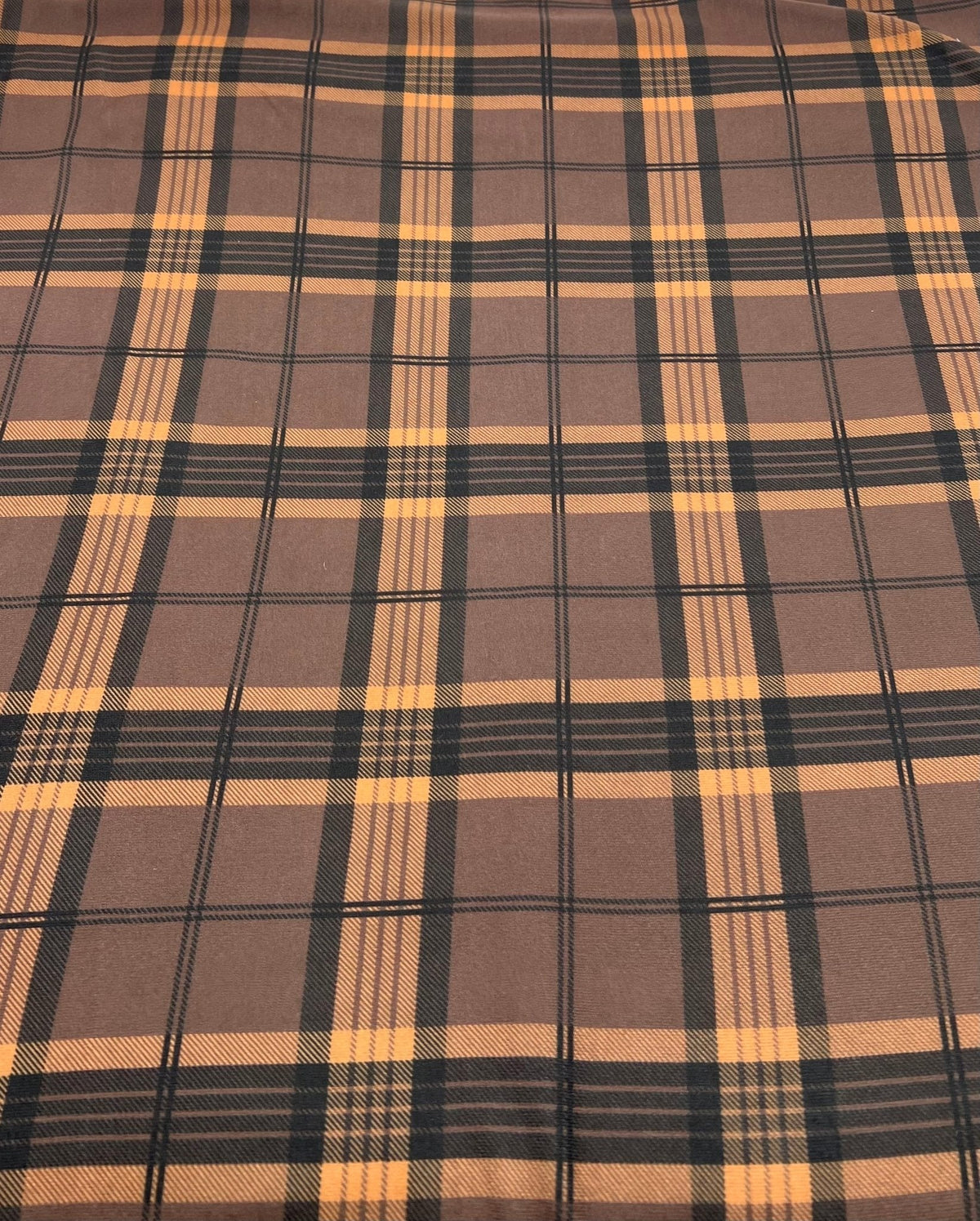 Brown Orange Check Print Spun Poly Stretch Fabric
