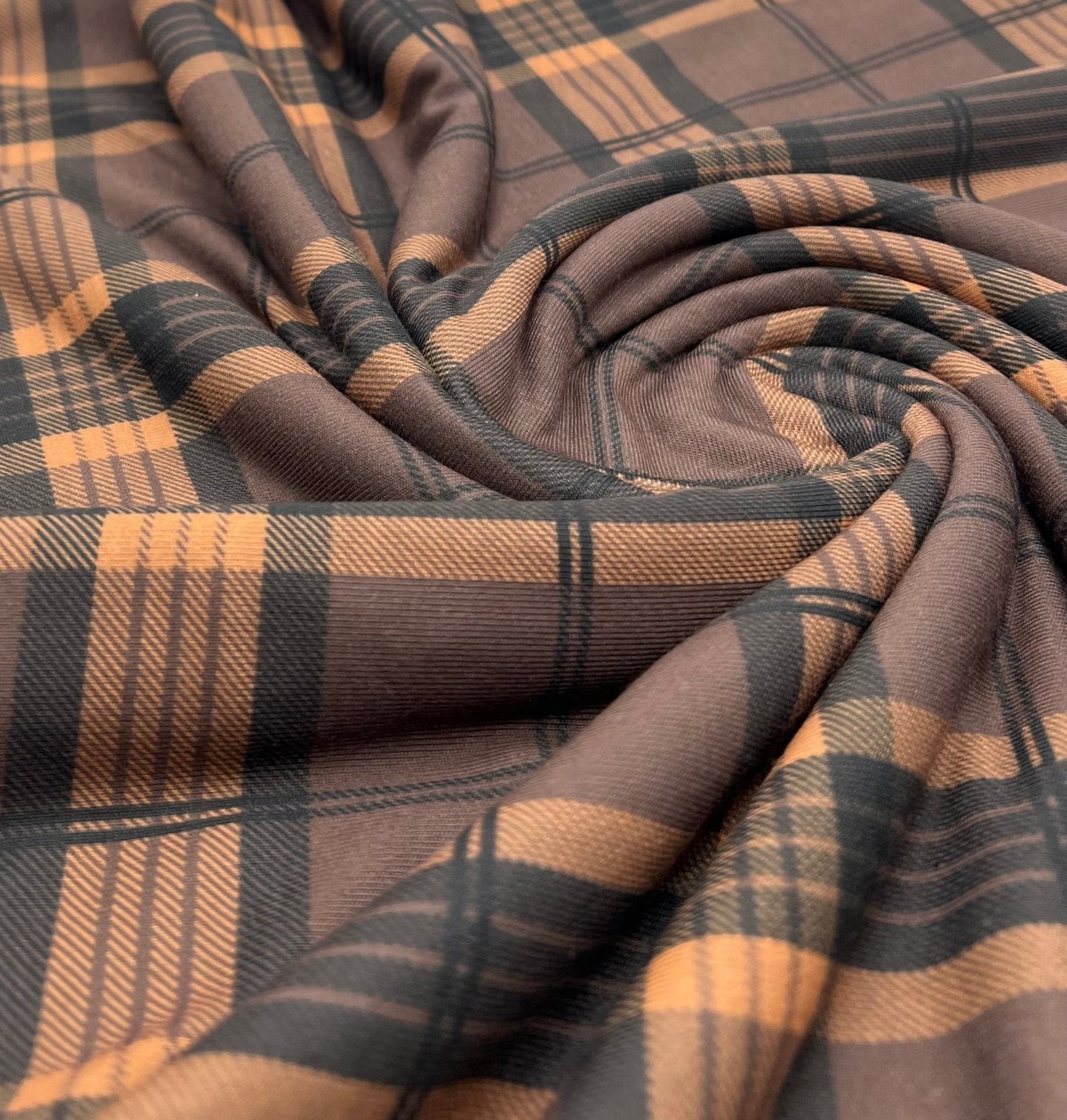 Brown Orange Check Print Spun Poly Stretch Fabric