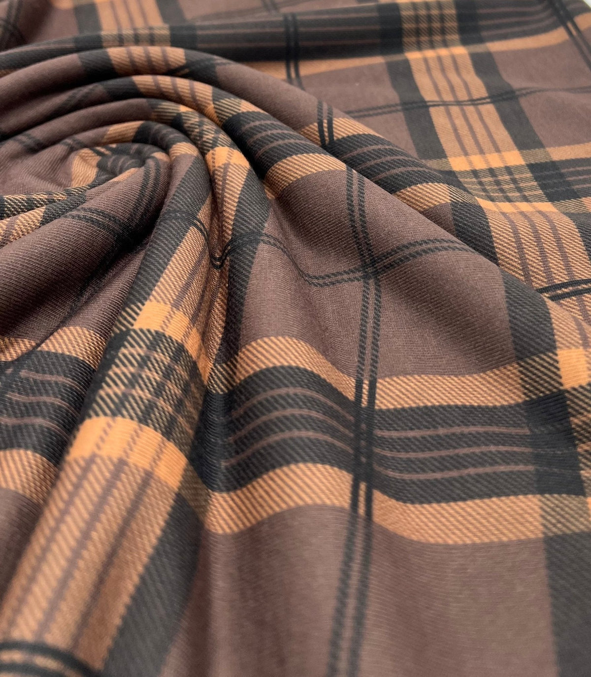 Brown Orange Check Print Spun Poly Stretch Fabric