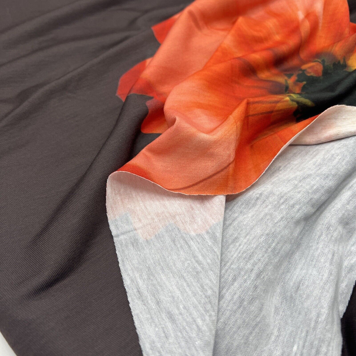 Brown Orange Flower Spun Poly Stretch Fabric
