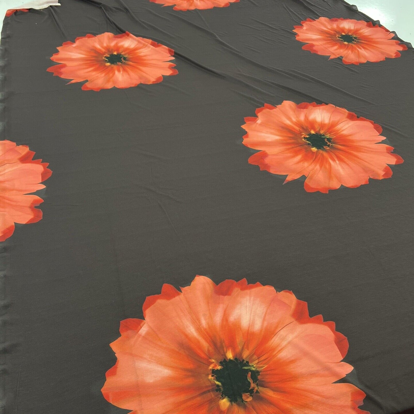 Brown Orange Flower Spun Poly Stretch Fabric