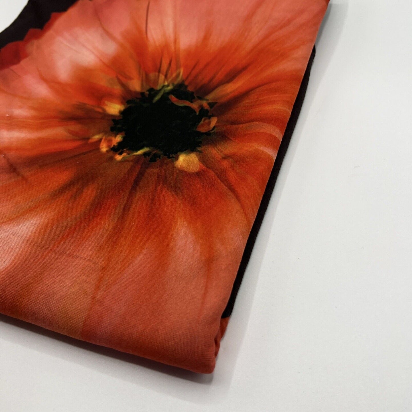 Brown Orange Flower Spun Poly Stretch Fabric