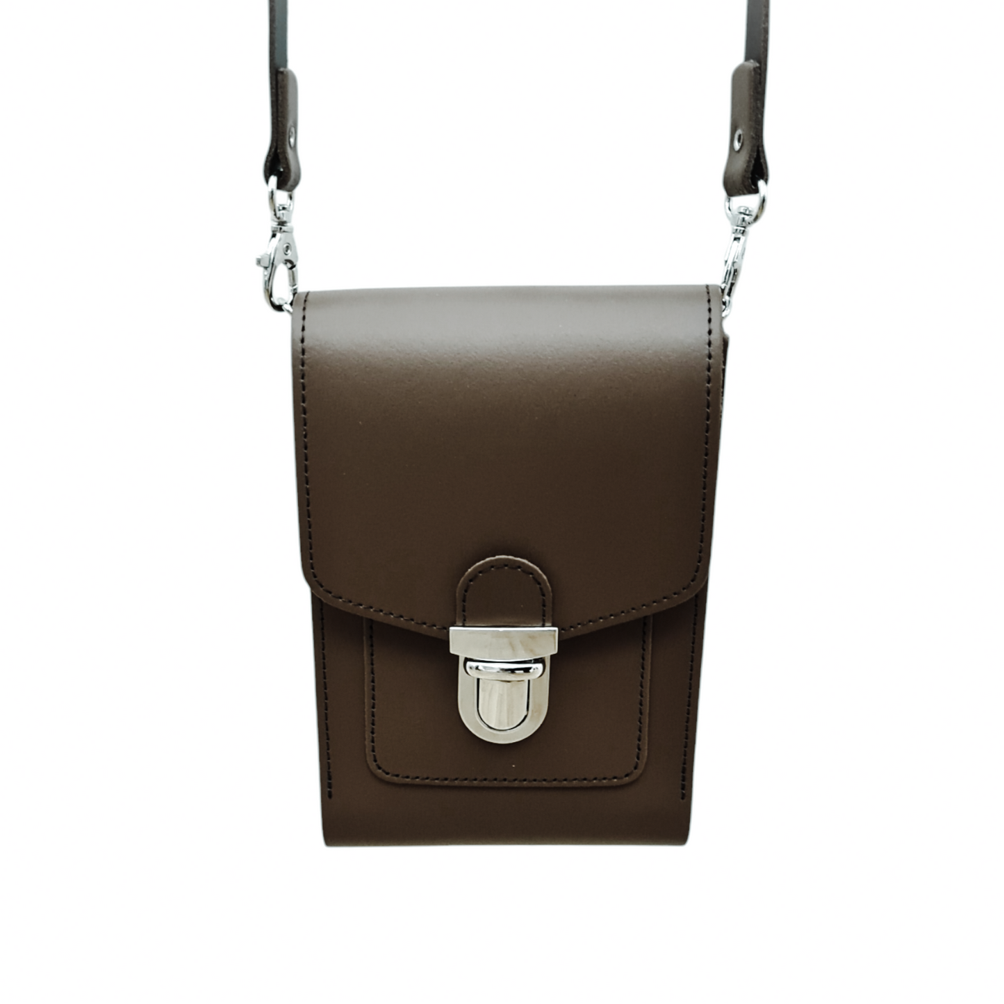 Leather Push Lock Crossbody Phone Case - Dark Brown