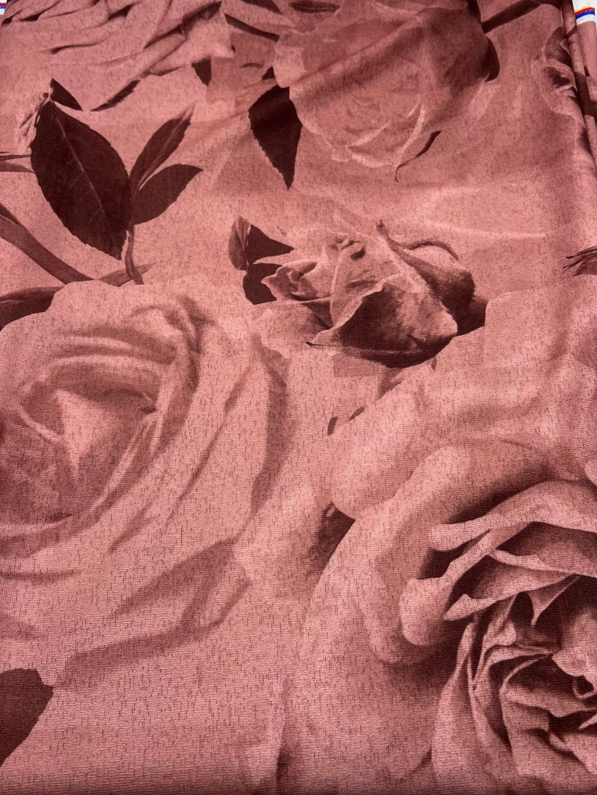 Brown Rose Printed Lightweight Onionskin Stretch Fabric