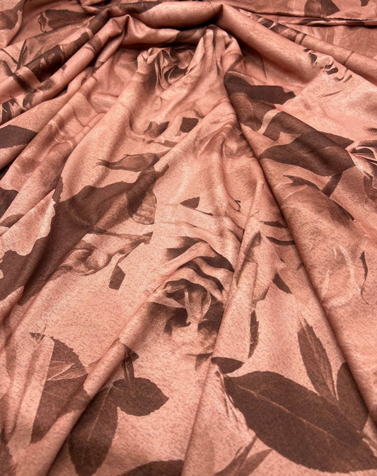 Brown Rose Printed Lightweight Onionskin Stretch Fabric