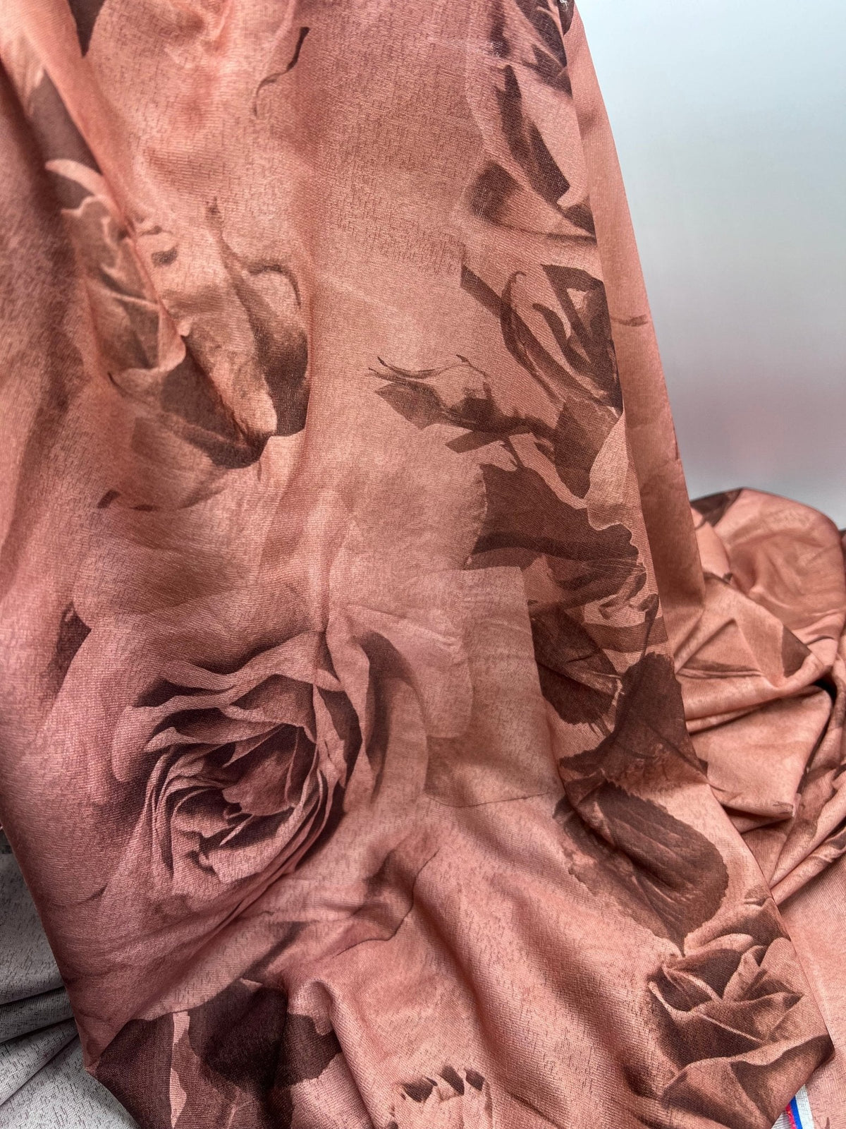 Brown Rose Printed Lightweight Onionskin Stretch Fabric