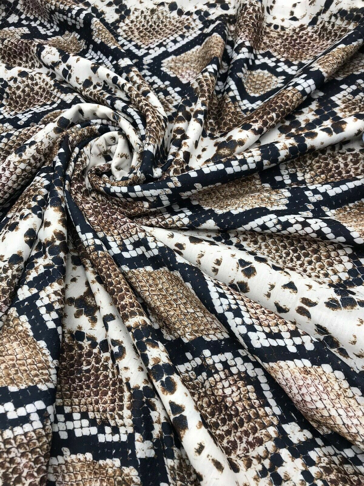Brown Snakeskin Print Spun Poly Stretch Fabric