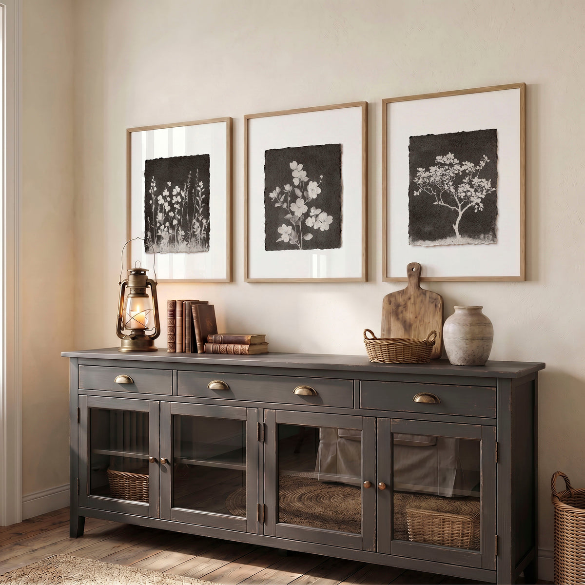 Brown Wall Art Rustic Botanical Wildflowers & Blossom Tree Prints | Set of 3