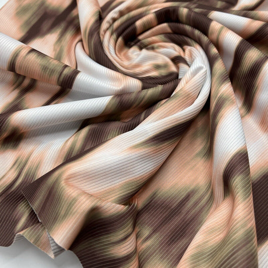 Brown White Print 2X1 Fine Rib Stretch Fabric