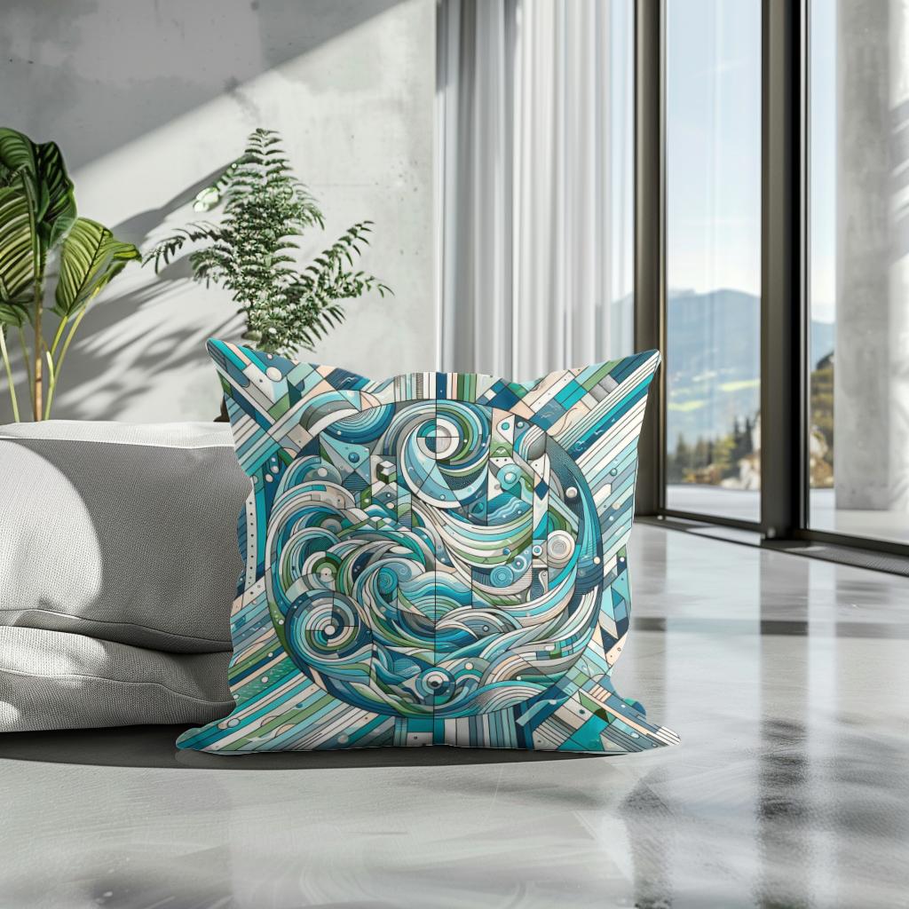 Aquatic Harmony Geometric Dance Cotton Cushion