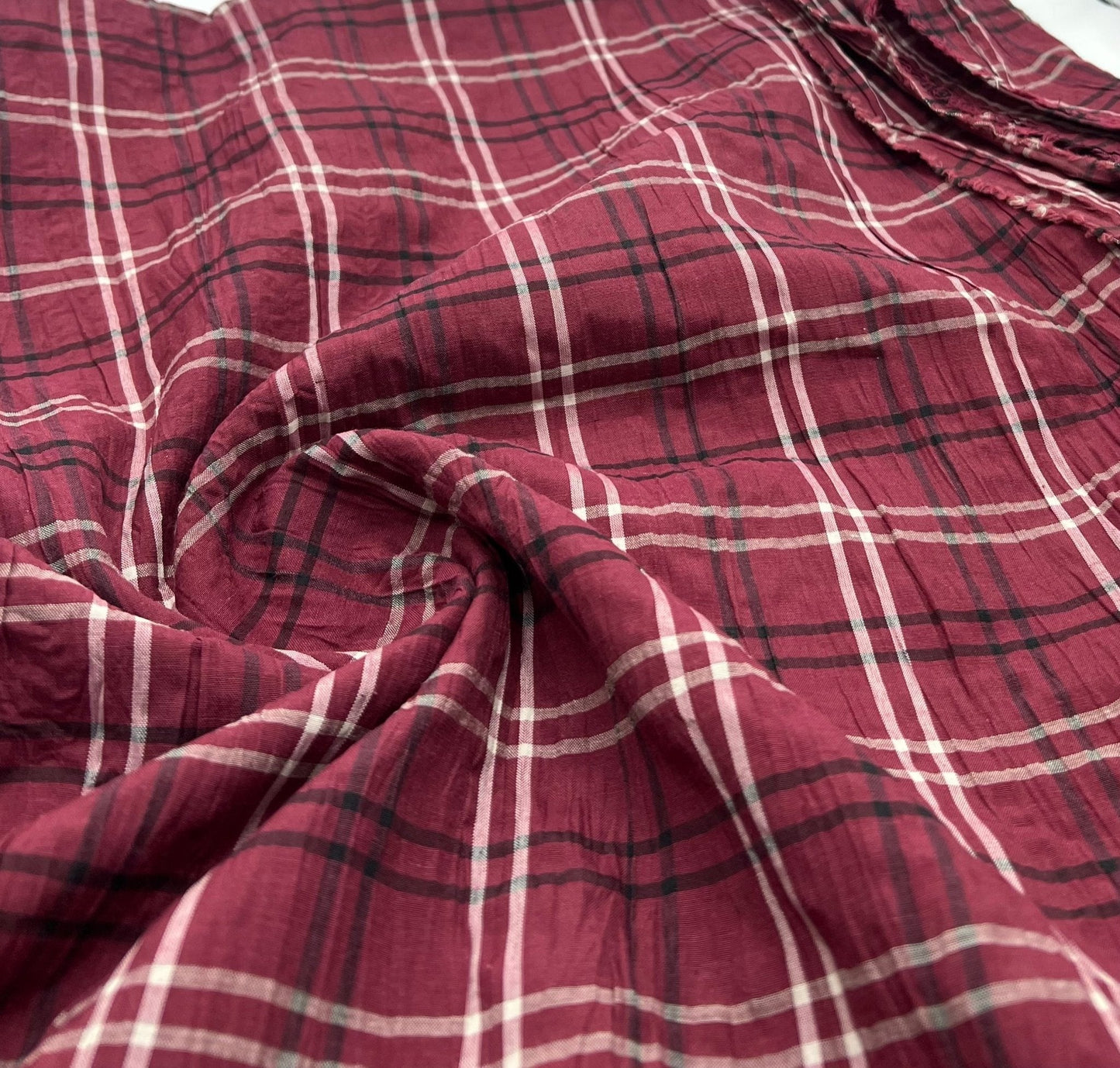 Burgundy Black Check Crinkled Lightweight Non Stretch Woven Fabric