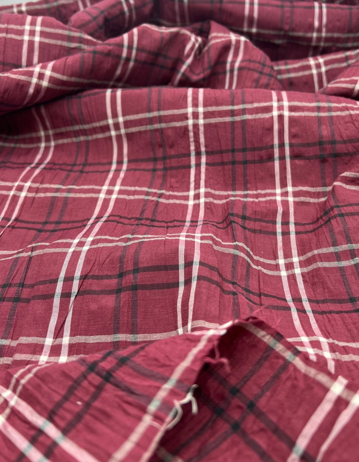 Burgundy Black Check Crinkled Lightweight Non Stretch Woven Fabric