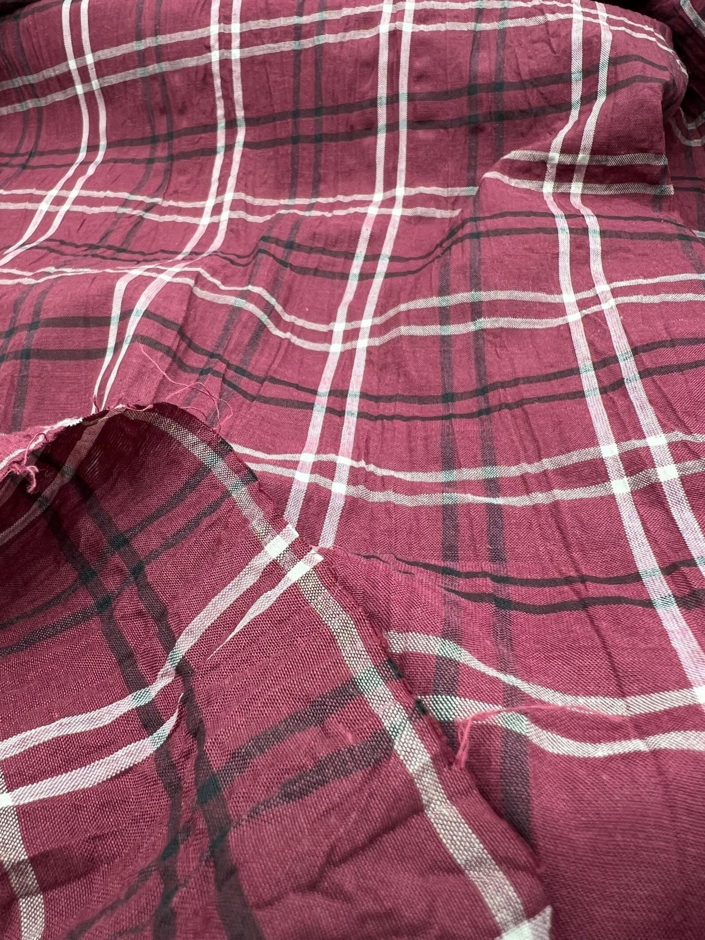 Burgundy Black Check Crinkled Lightweight Non Stretch Woven Fabric