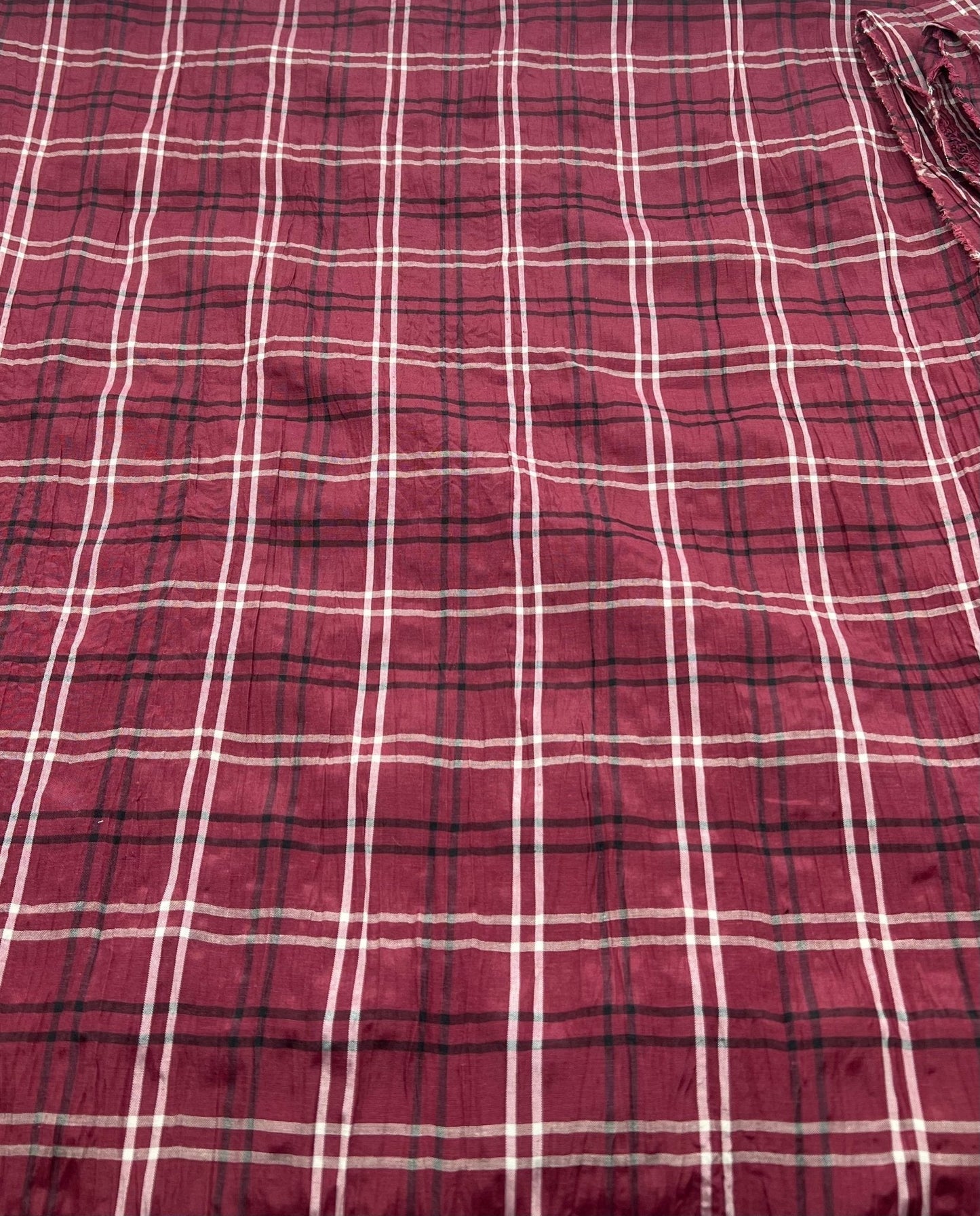 Burgundy Black Check Crinkled Lightweight Non Stretch Woven Fabric