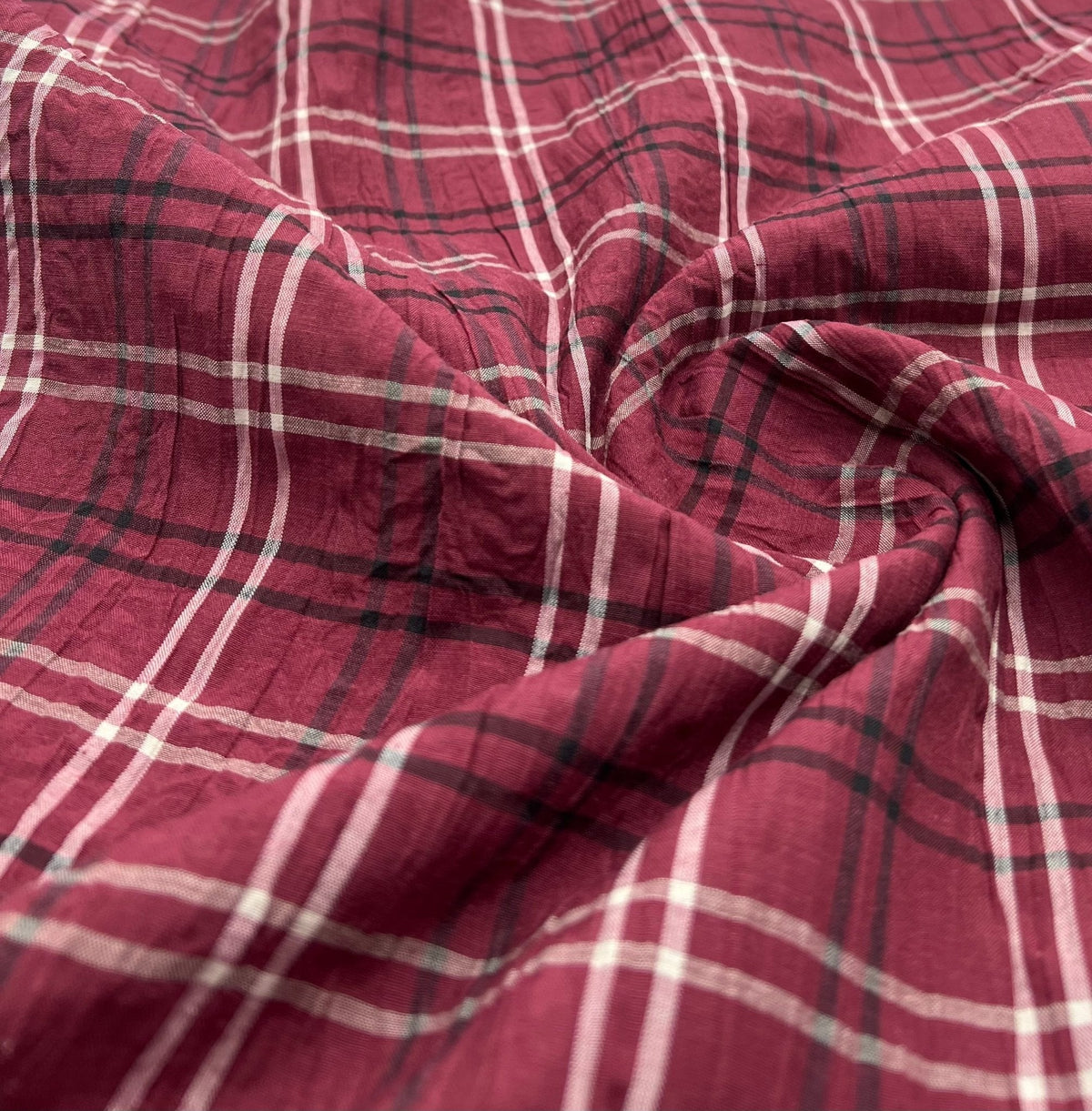 Burgundy Black Check Crinkled Lightweight Non Stretch Woven Fabric