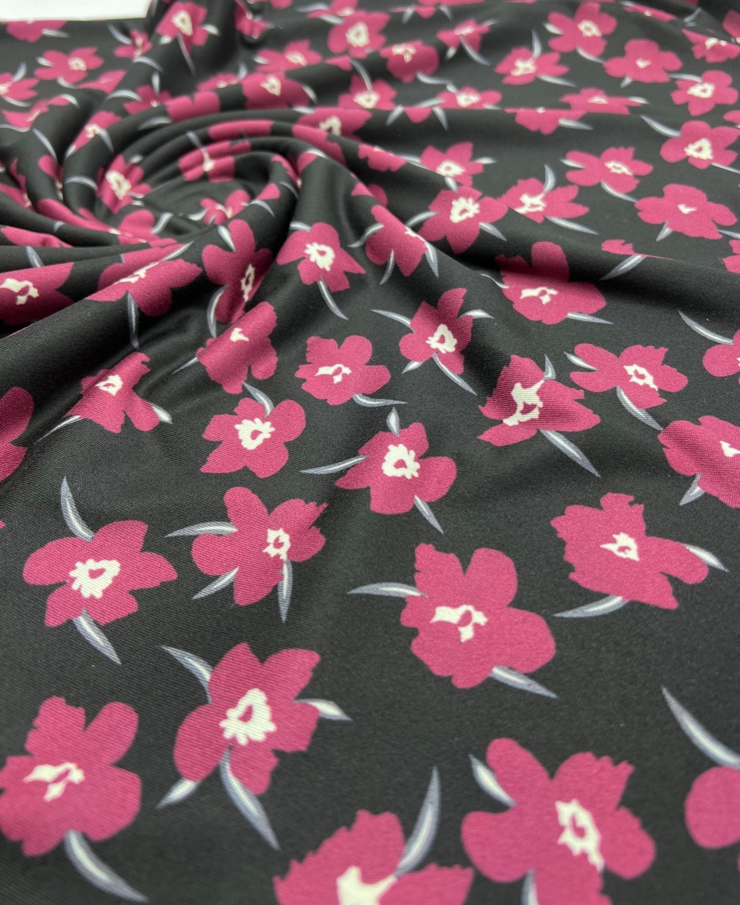 Burgundy Black Floral Print Super Soft Spun Poly Stretch Fabric