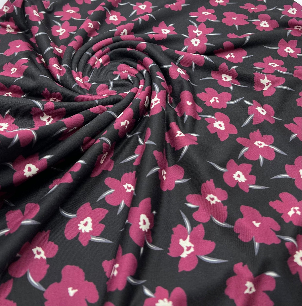 Burgundy Black Floral Print Super Soft Spun Poly Stretch Fabric