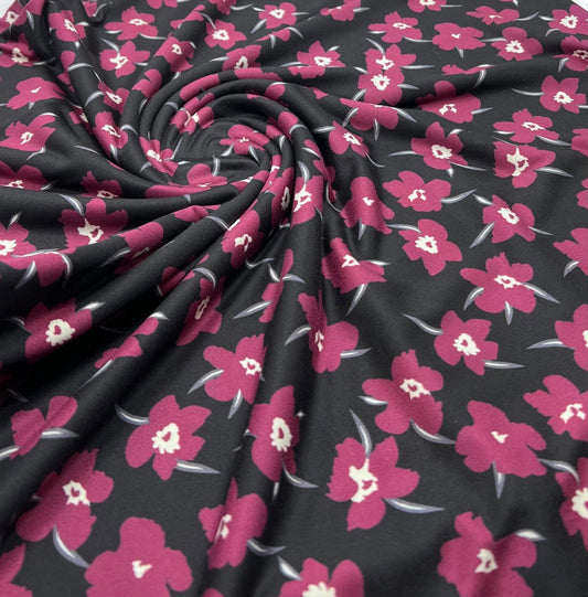 Burgundy Black Floral Print Super Soft Spun Poly Stretch Fabric