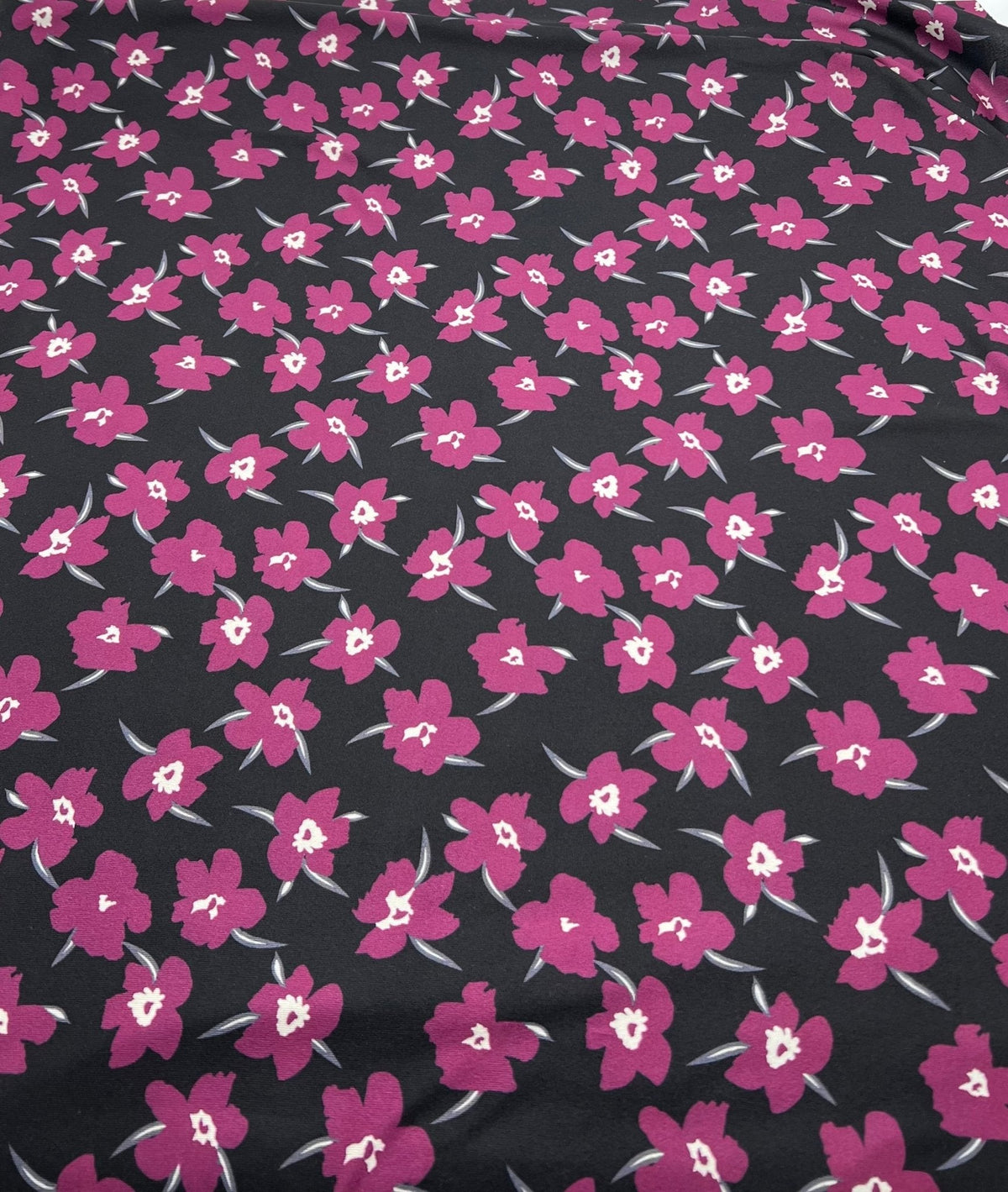 Burgundy Black Floral Print Super Soft Spun Poly Stretch Fabric