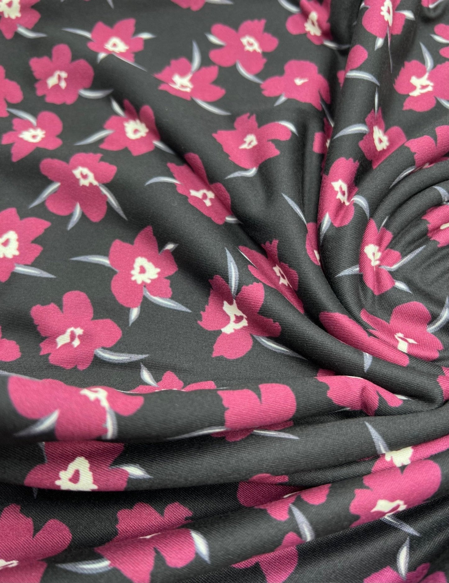 Burgundy Black Floral Print Super Soft Spun Poly Stretch Fabric
