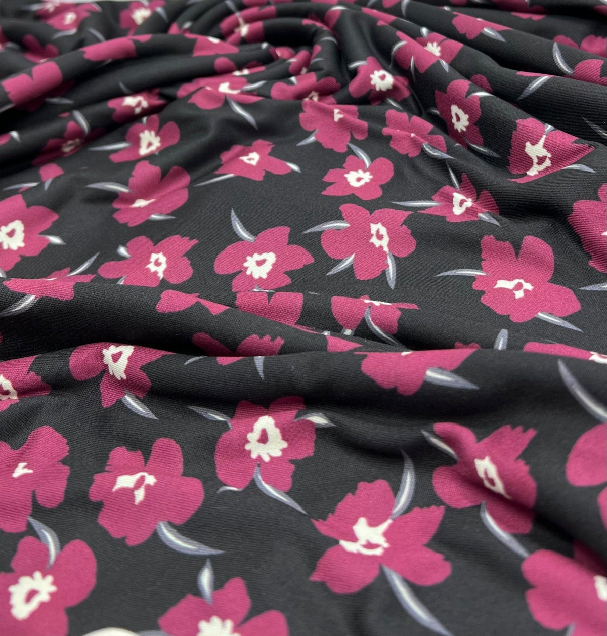 Burgundy Black Floral Print Super Soft Spun Poly Stretch Fabric
