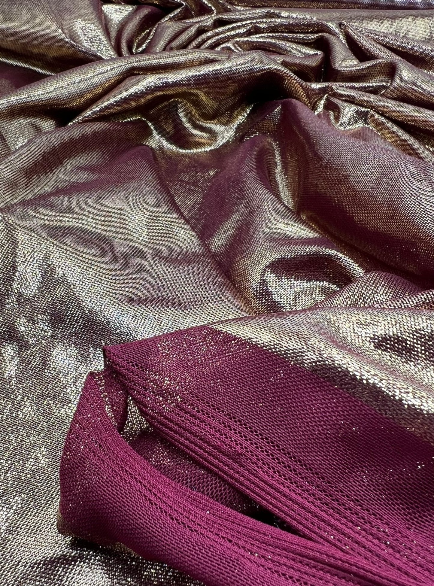 Burgundy Gold Shiny Foil Mesh Fabric Stretch