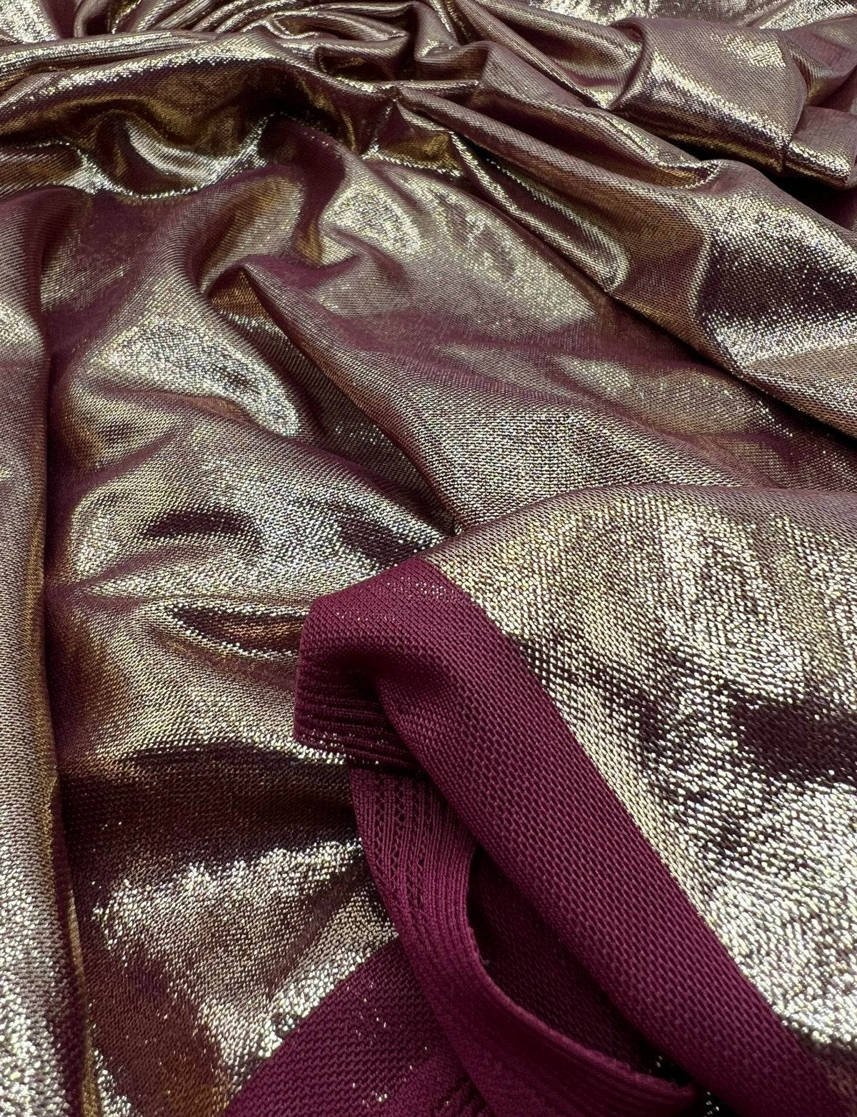 Burgundy Gold Shiny Foil Mesh Fabric Stretch