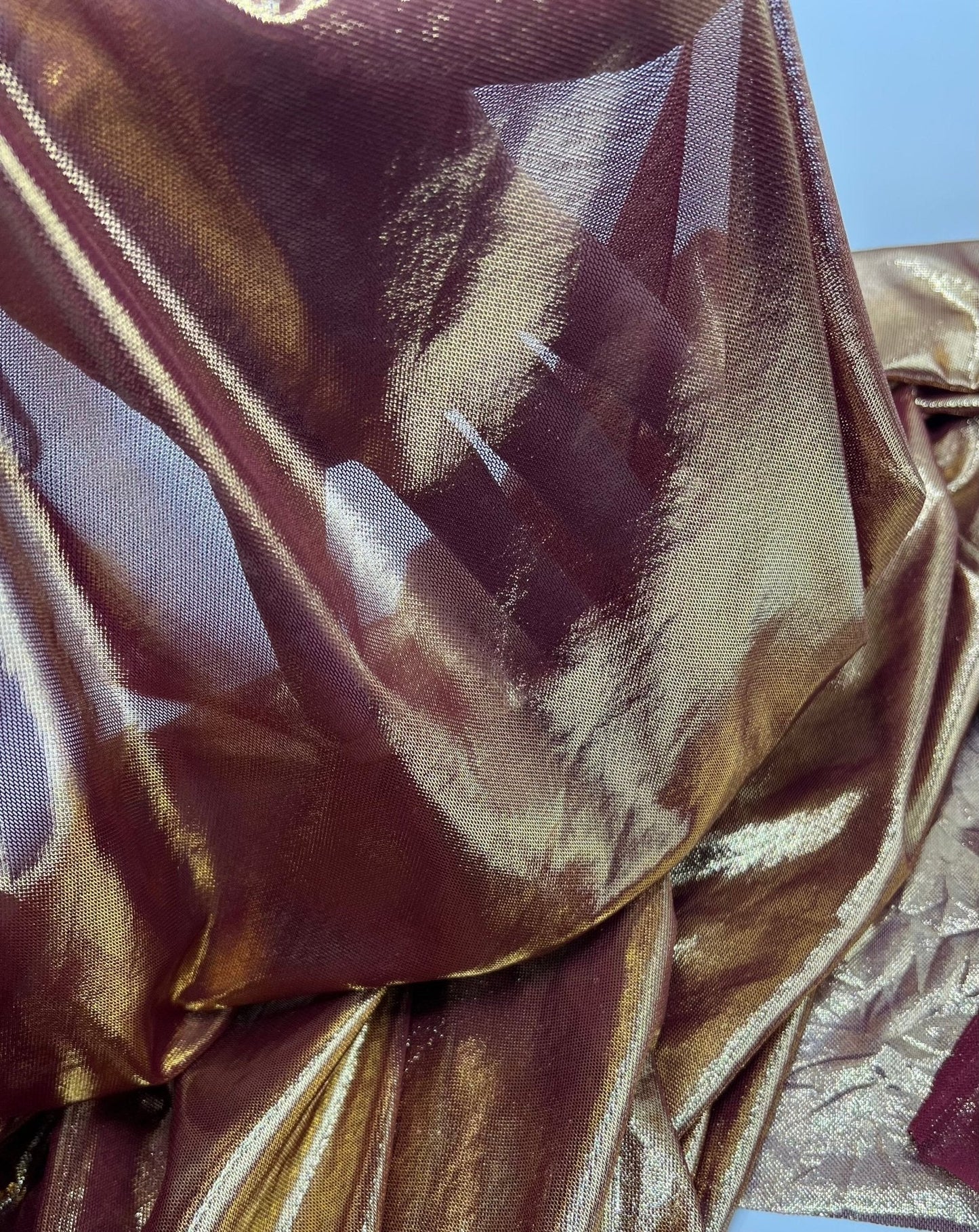 Burgundy Gold Shiny Foil Mesh Fabric Stretch