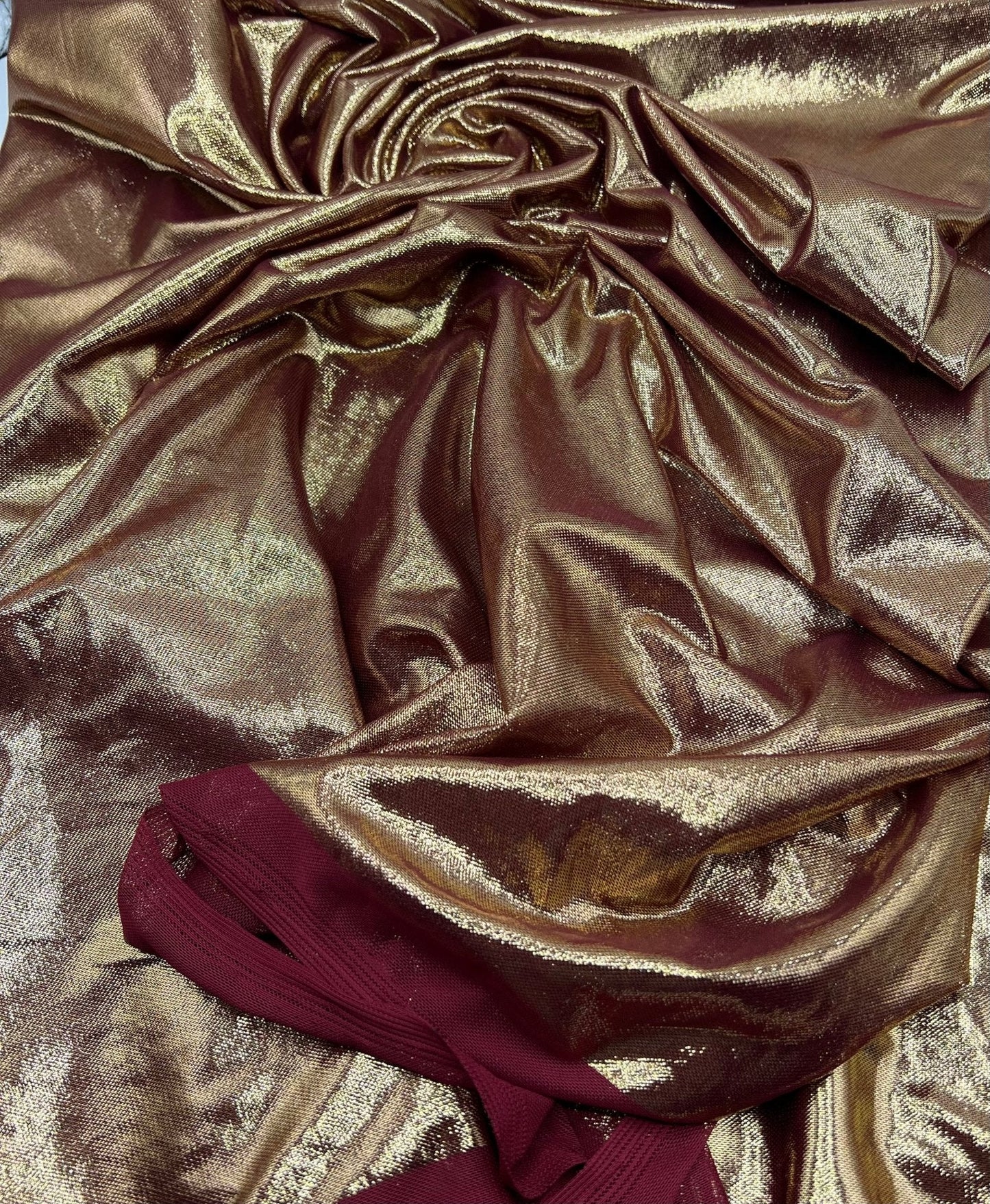 Burgundy Gold Shiny Foil Mesh Fabric Stretch