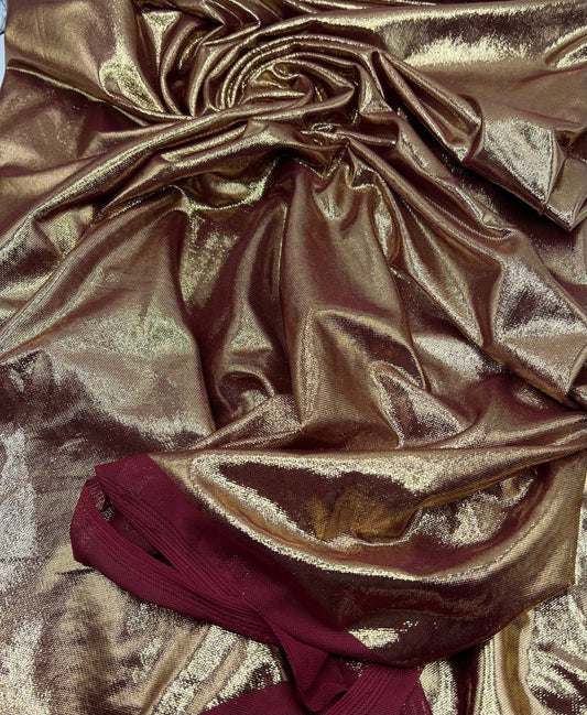 Burgundy Gold Shiny Foil Mesh Fabric Stretch