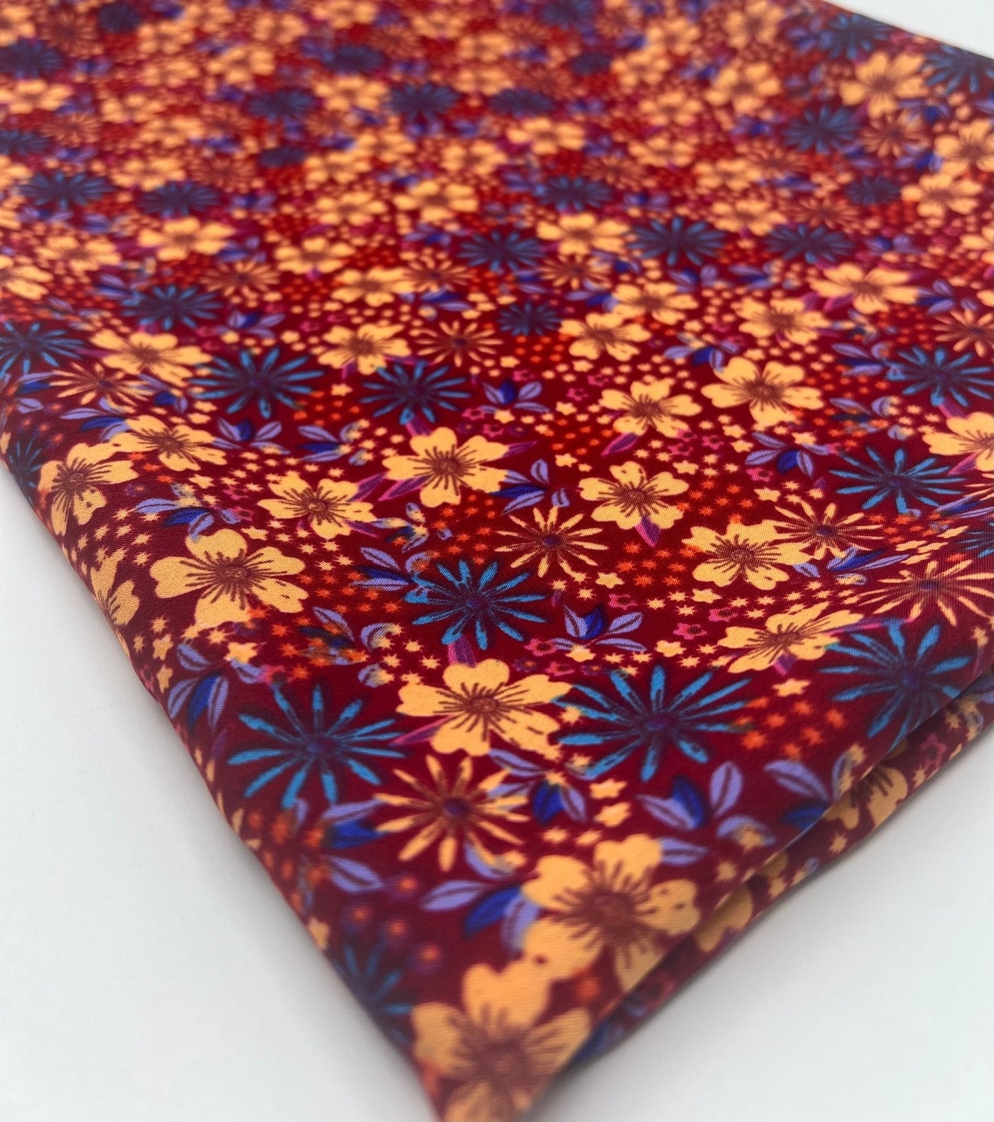 Burgundy Red Blue Floral Lightweight Non Stretch Woven Fabric