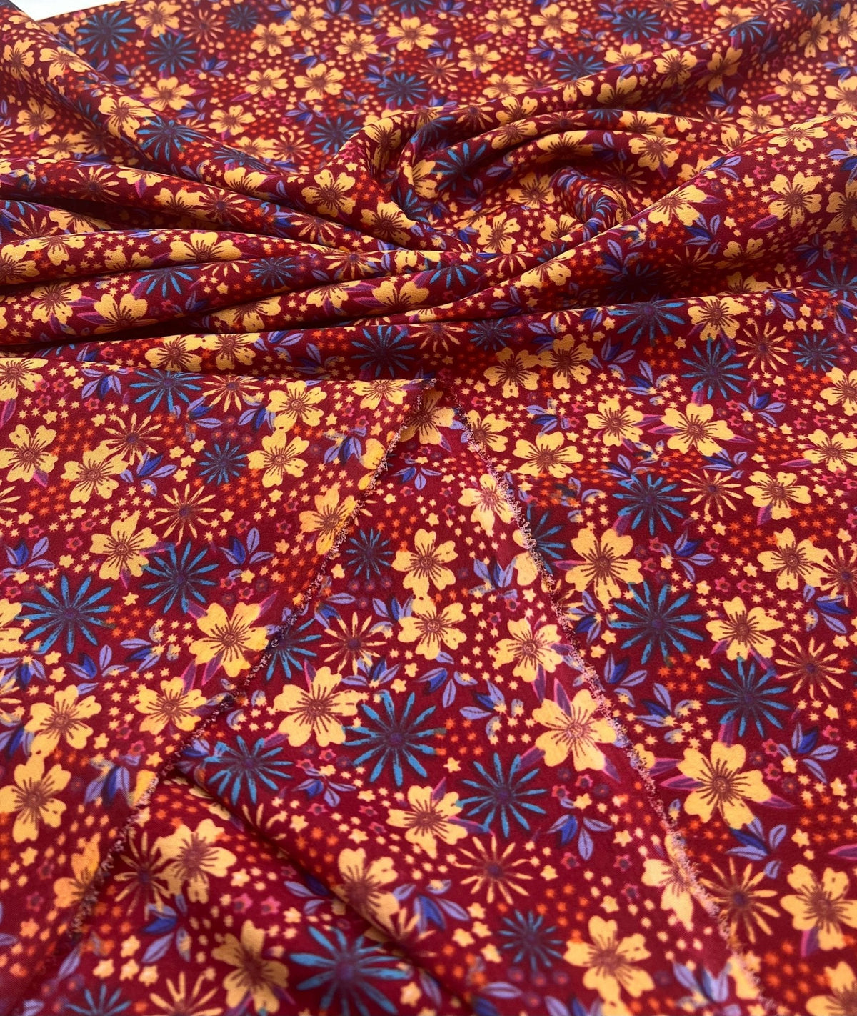 Burgundy Red Blue Floral Lightweight Non Stretch Woven Fabric