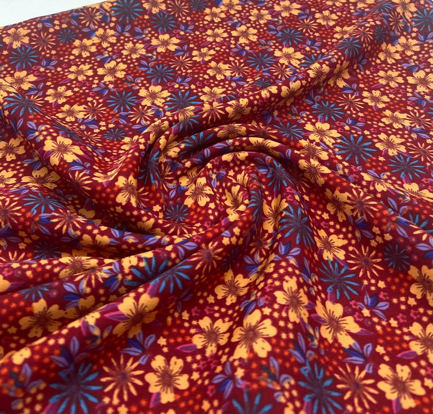 Burgundy Red Blue Floral Lightweight Non Stretch Woven Fabric