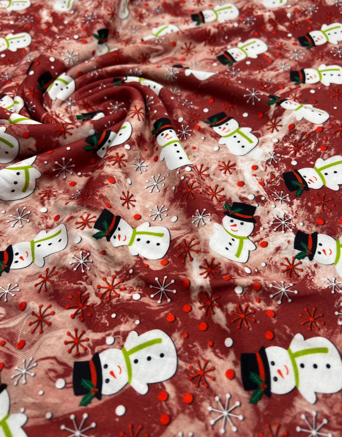 Burgundy Red Snowman Print Soft Spun Poly Stretch Fabric