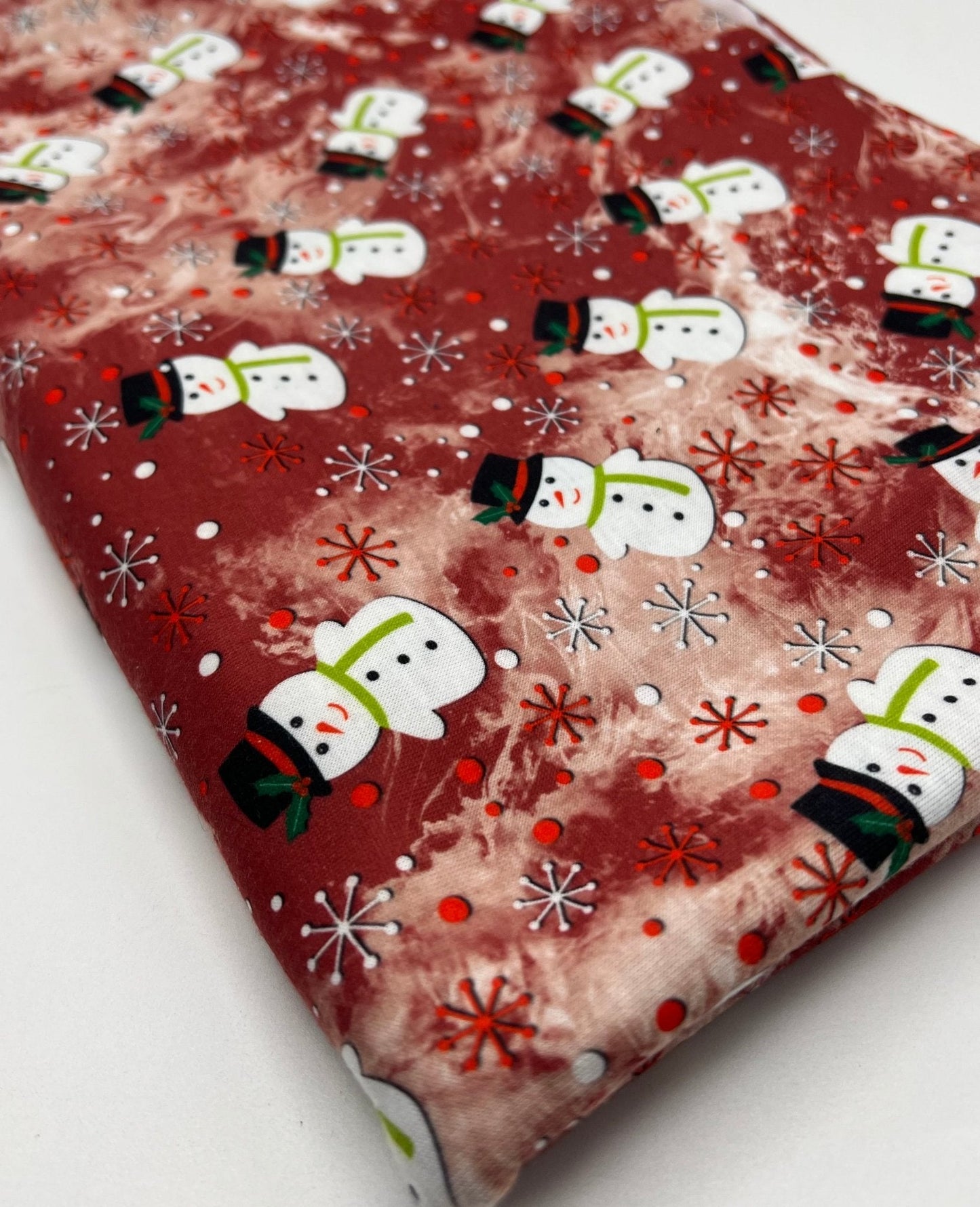 Burgundy Red Snowman Print Soft Spun Poly Stretch Fabric